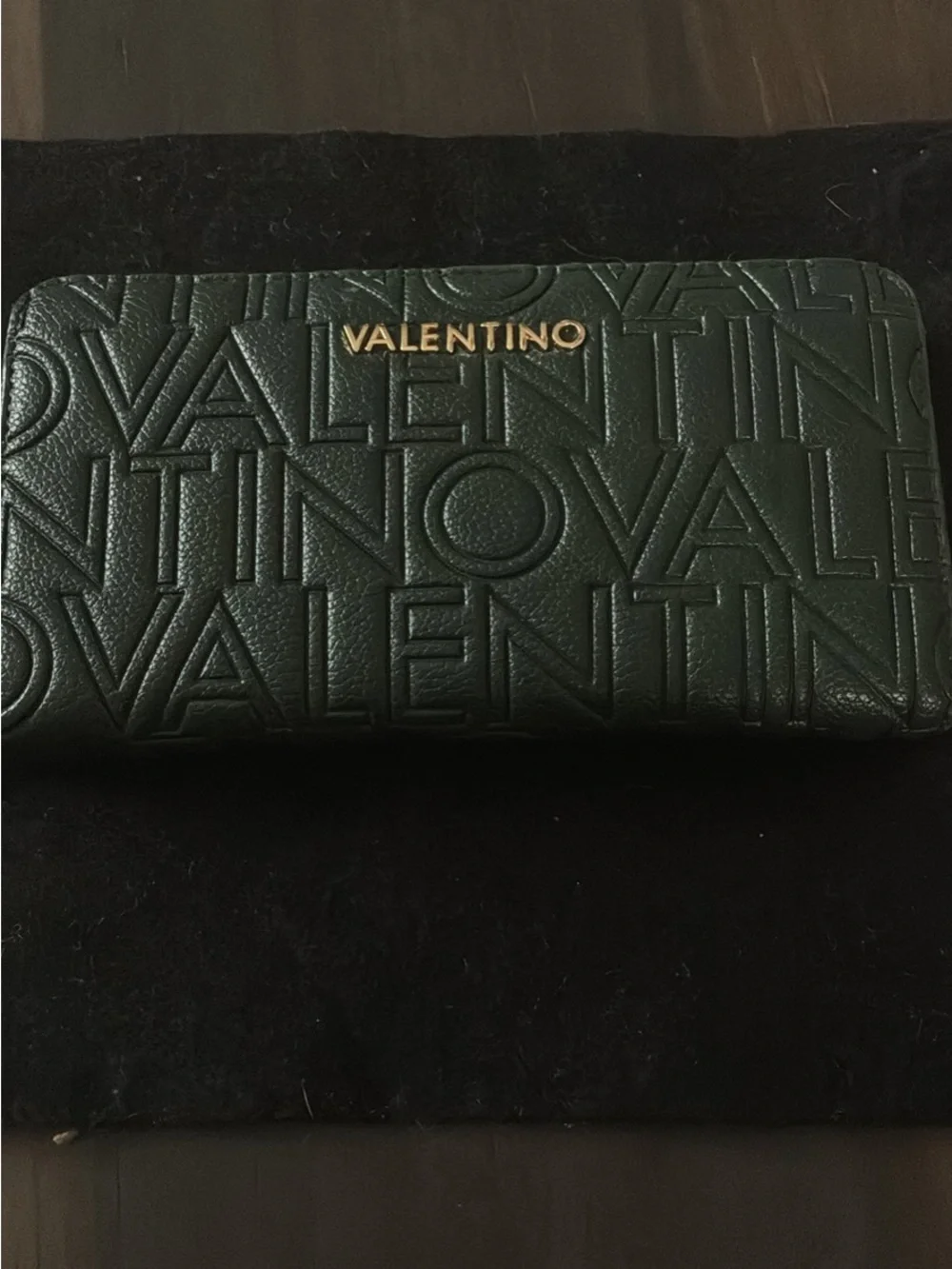 Mario Valentino Dark Green Embossed Zip-Around Wallet with Gold Logo